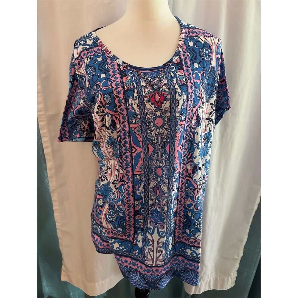One World Women's XL Floral Scoop Neck Blouse Short Sleeve Casual